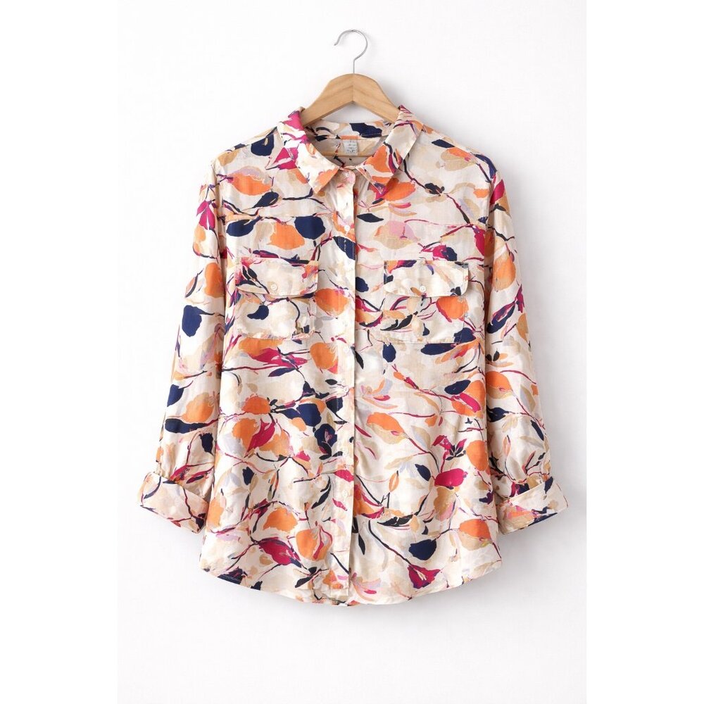 Floral Rayon Blouse Lightweight Long Sleeve Button Up Womens Size L